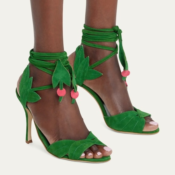 Manolo Blahnik Shoes - Manolo Blahnik 2023 Leaf Cherry Suede Wrap Heeled Sandals